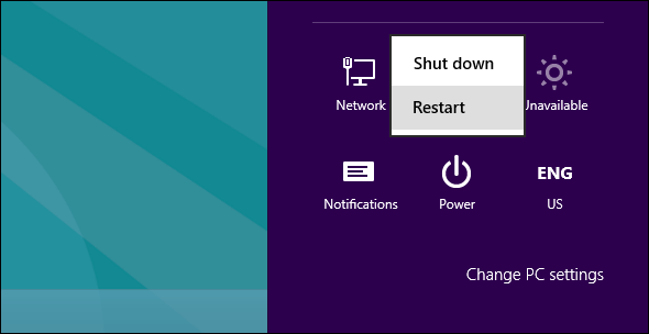 windows 8 restart from charms