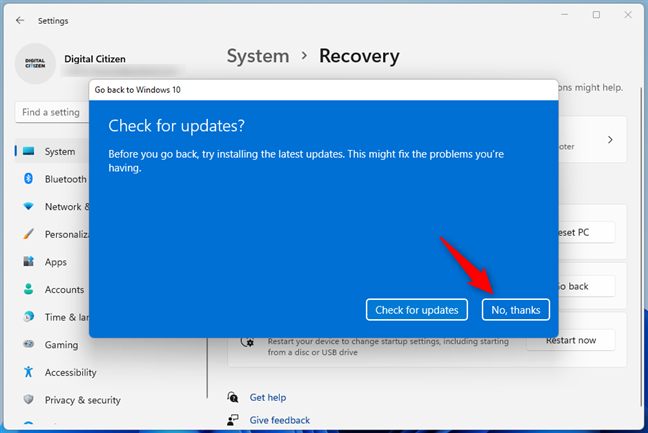 Выберите Нет, спасибо, когда Windows 11 попросит вас проверить наличие обновлений.