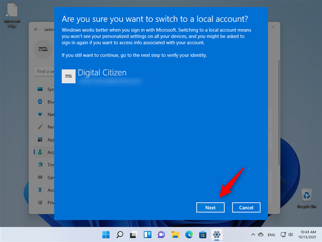 Продолжить процесс перехода на локальную учетную запись в Windows 11