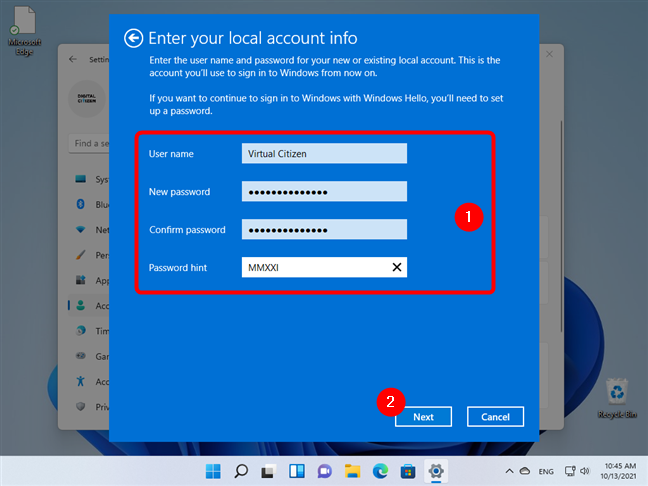 Введите данные своей локальной учетной записи пользователя Windows 11.