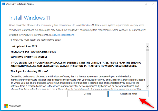 Помощник по установке Windows 11 - нажмите "Принять" и установите