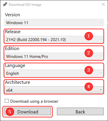 Выберите выпуск, выпуск, язык и архитектуру Windows 11