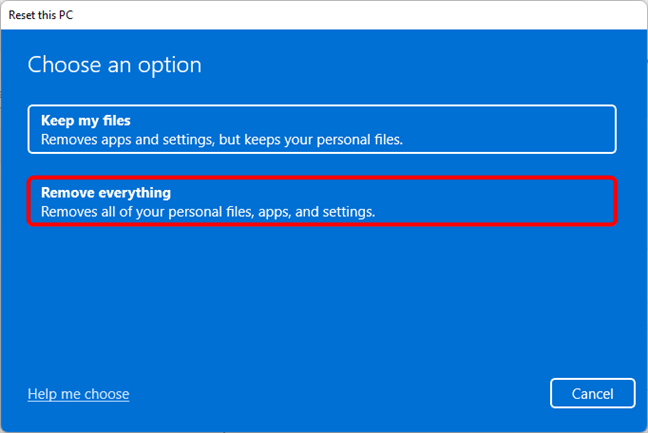 Выберите Удалить все, чтобы восстановить заводские настройки Windows 11.