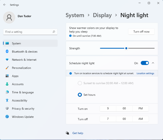 Настройте параметры ночного освещения в Windows 11