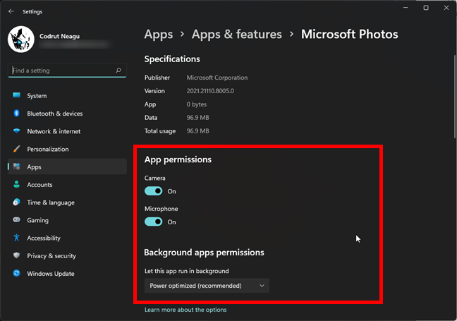 Разрешения приложения в настройках Windows 11