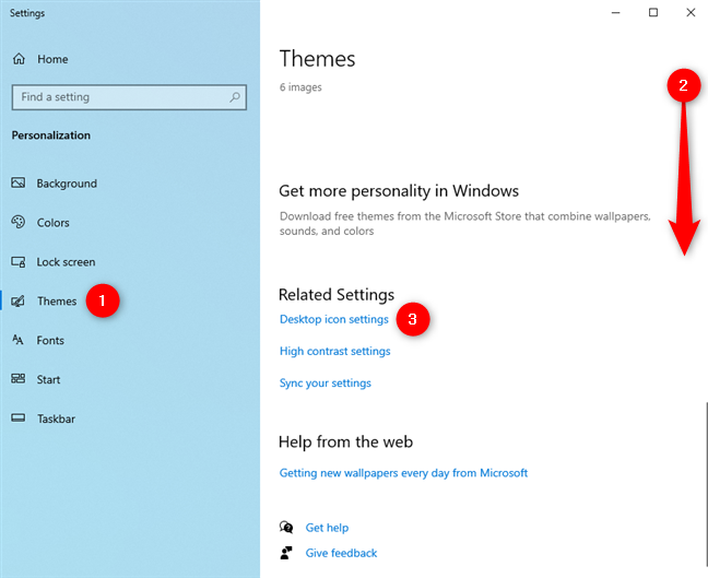 Доступ к настройкам значков на рабочем столе на вкладке «Темы» в Windows 10.