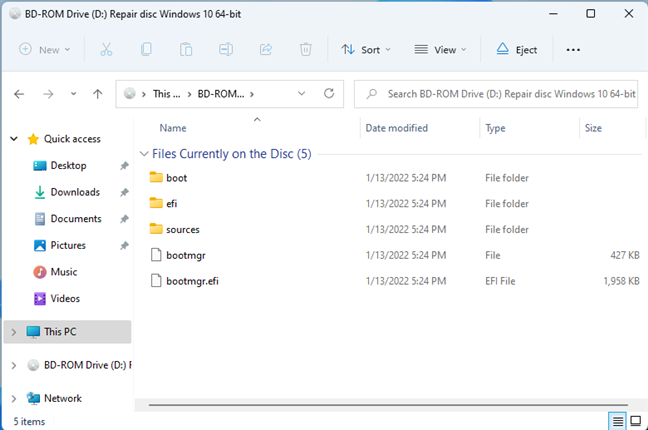 Файлы на диске восстановления системы Windows