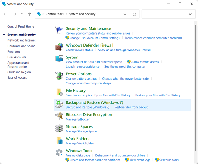 Перейдите в «Система и безопасность» > «Резервное копирование и восстановление» (Windows 7).
