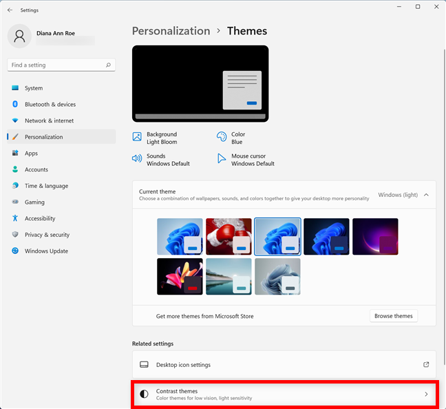 Доступ к контрастным темам в Windows 11