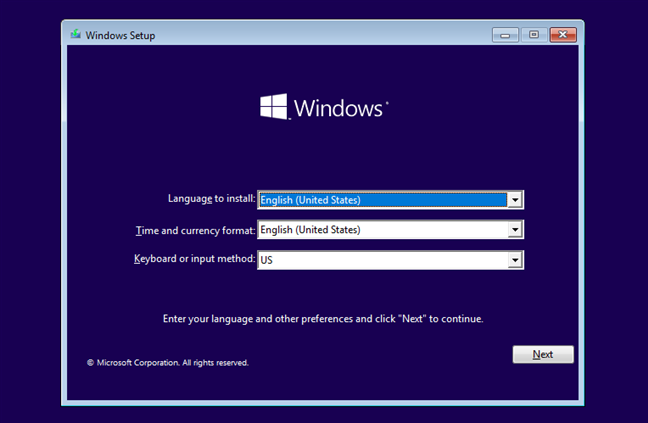 Начните установку Windows 10, как обычно.