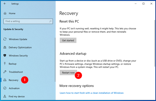 Дополнительные параметры восстановления при запуске в Windows 10
