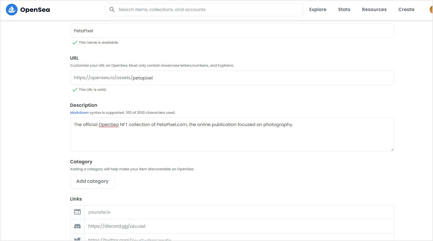 Скриншот, показывающий процесс создания коллекции OpenSea.