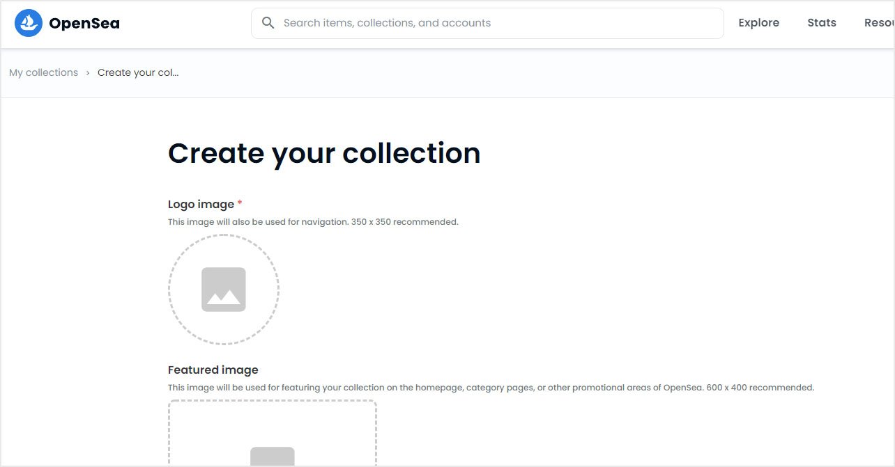 Скриншот OpenSea для создания новой коллекции