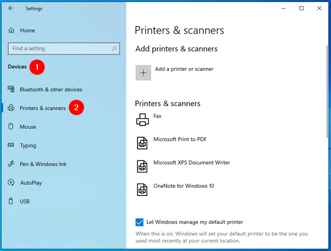 Перейдите в «Устройства» > «Принтеры и сканеры» в настройках Windows 10.