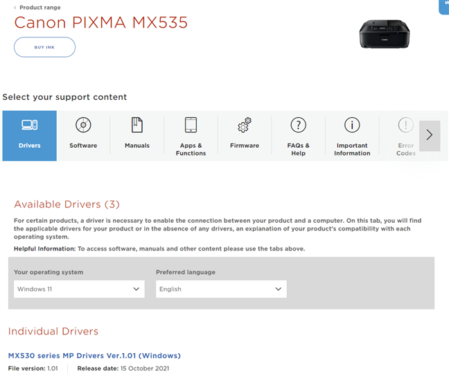 Веб-страница драйвера принтера Canon