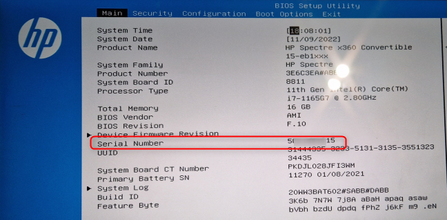 Серийный номер ноутбука, отображаемый утилитой настройки BIOS.