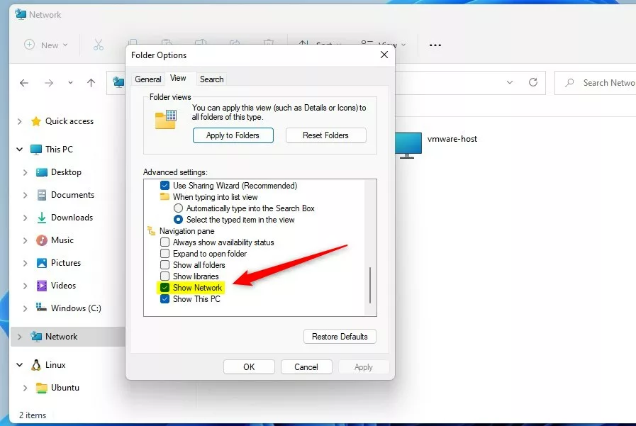 Параметр проводника Windows 11 показать или скрыть сетевую папку
