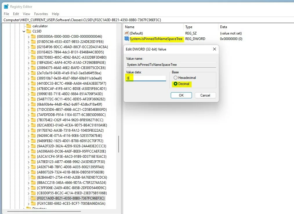 Реестр Windows 11 показывает или скрывает данные значения панели навигации сетевой папки