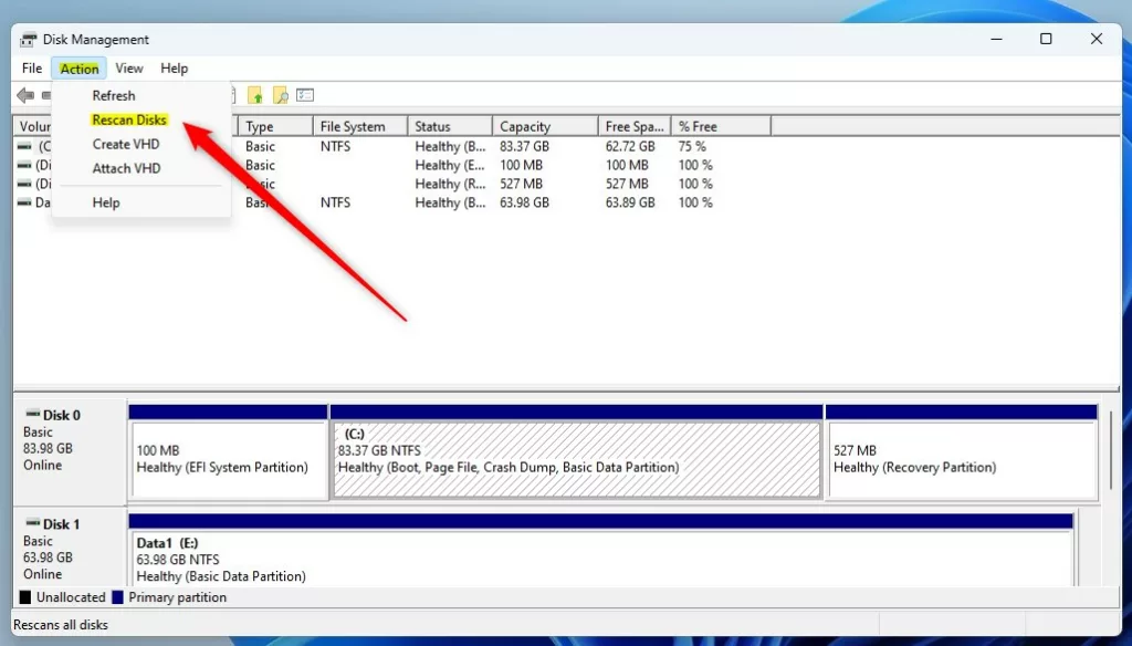 Управление дисками Windows пересканировать диски