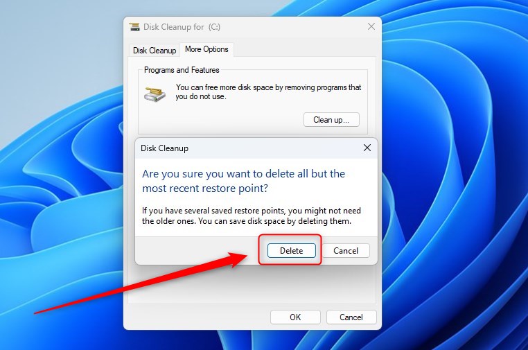 Кнопка удаления точек восстановления очистки диска Windows