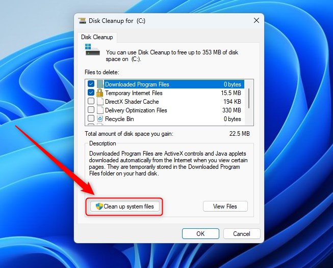 Кнопка очистки системных файлов Windows Disk Cleanup