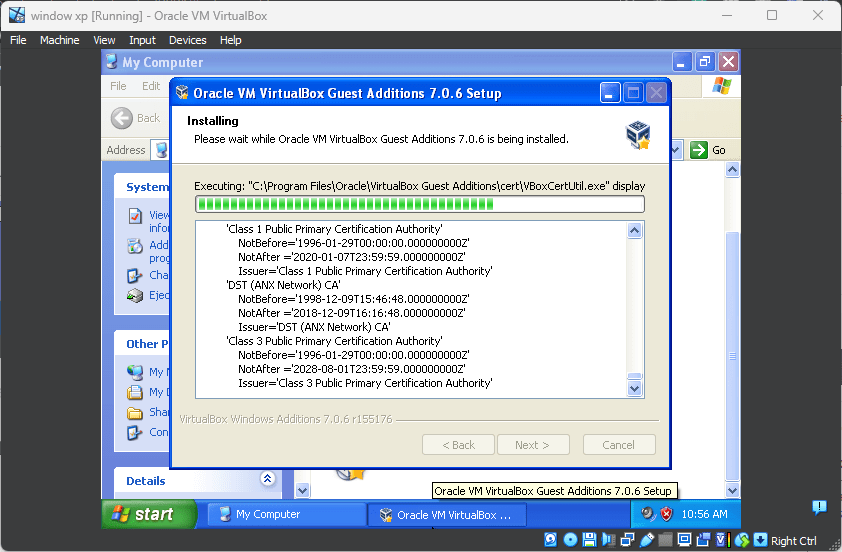 Установка виртуальных гостевых дополнений в Windows XP