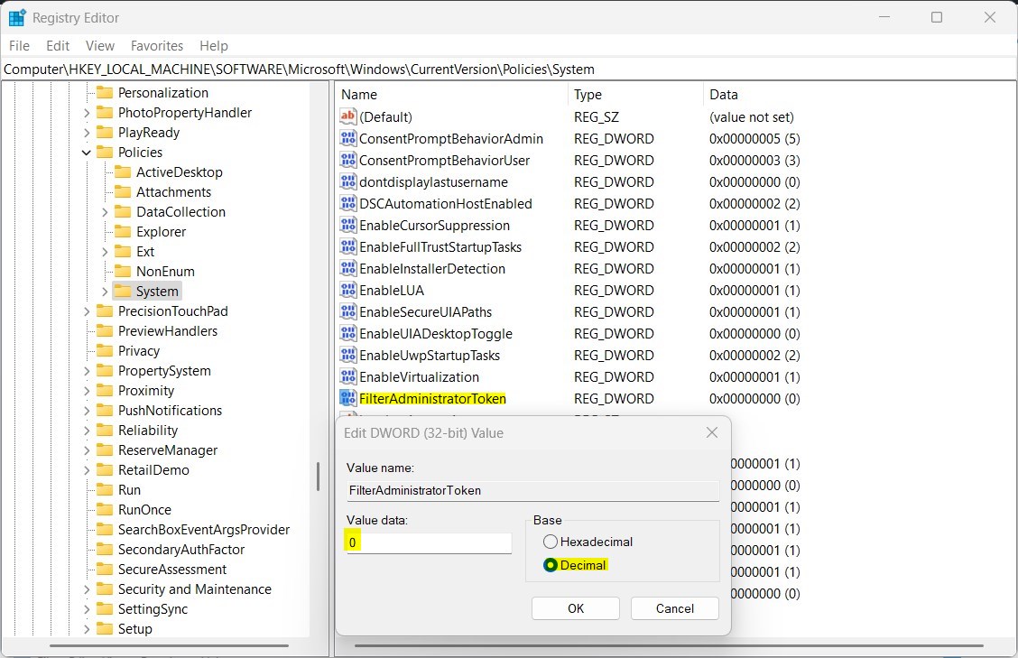 Встроенный администратор Windows включает или отключает данные значения реестра.