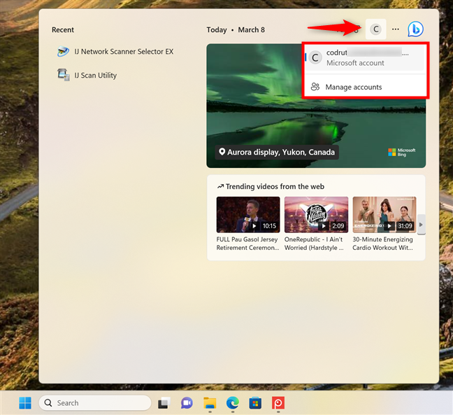 Измените учетную запись, которую вы используете в поиске Windows 11