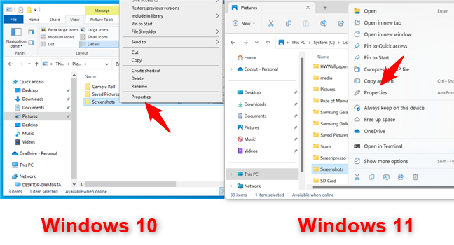 Откройте свойства папки «Скриншоты Windows».
