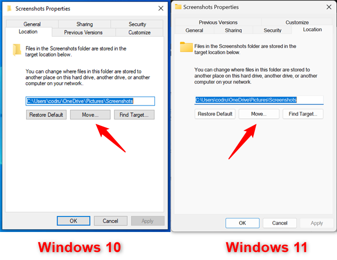 Нажмите «Переместить», чтобы изменить место, где Windows сохраняет снимки экрана.