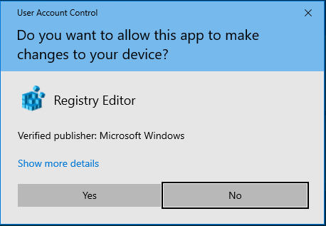 UAC запрашивает подтверждение для запуска regedit