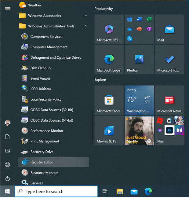 Ярлык редактора реестра в меню «Пуск» Windows 10