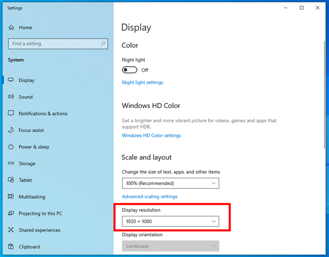 Текущее разрешение экрана, используемое в Windows 10.