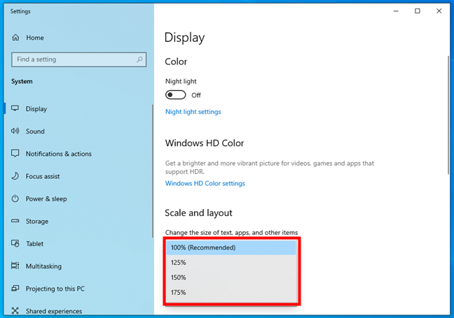 Параметры для изменения размера текста, приложений и других элементов в Windows 10