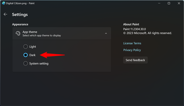 Темный режим для Paint в Windows 11