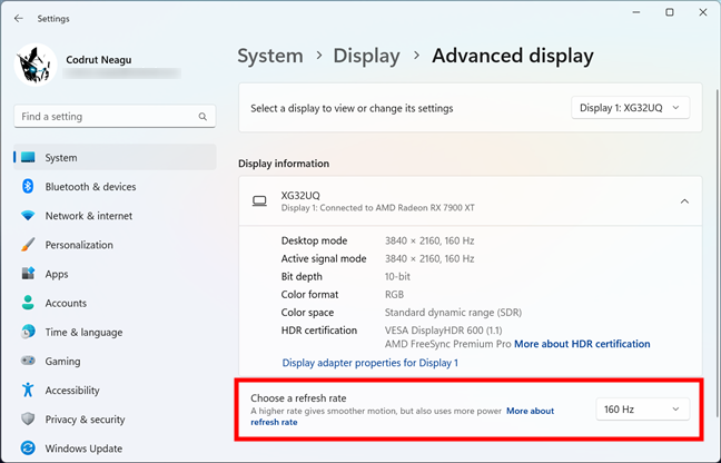Где узнать частоту обновления в Windows 11