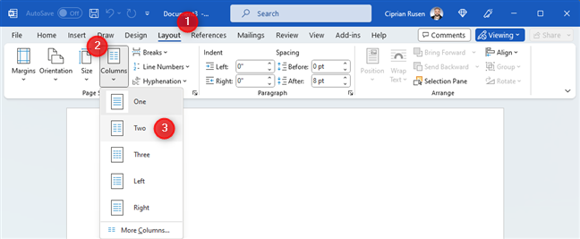 Настройте Word на использование двух столбцов