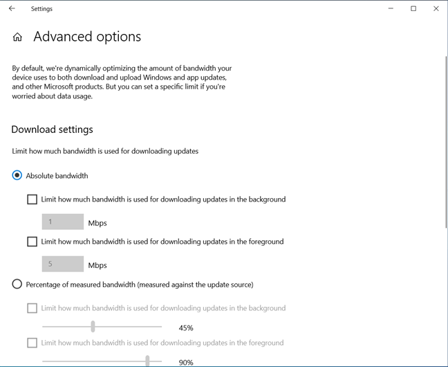 Установите ограничения пропускной способности для оптимизации доставки в Windows 10.