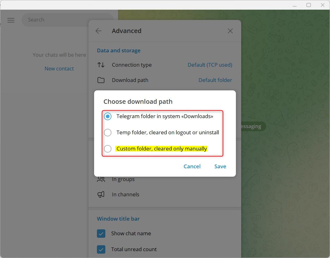 Как изменить путь загрузки мультимедиа в Telegram в Windows 11