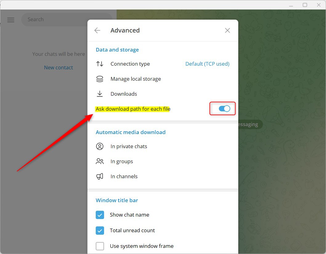 Как изменить путь загрузки мультимедиа в Telegram в Windows 11