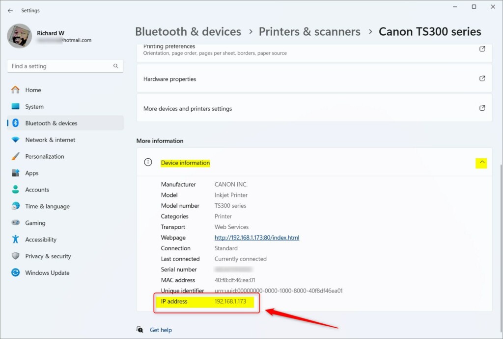 Настройки Windows 11 Принтеры и сканеры Сведения о принтере