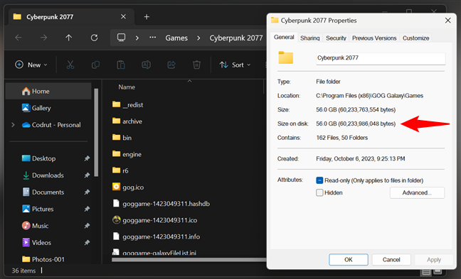 Как увидеть размер игры GOG в проводнике