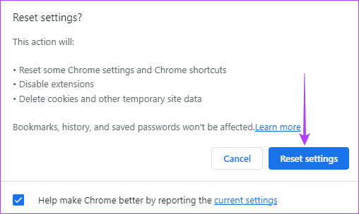 Кнопка сброса настроек Chrome