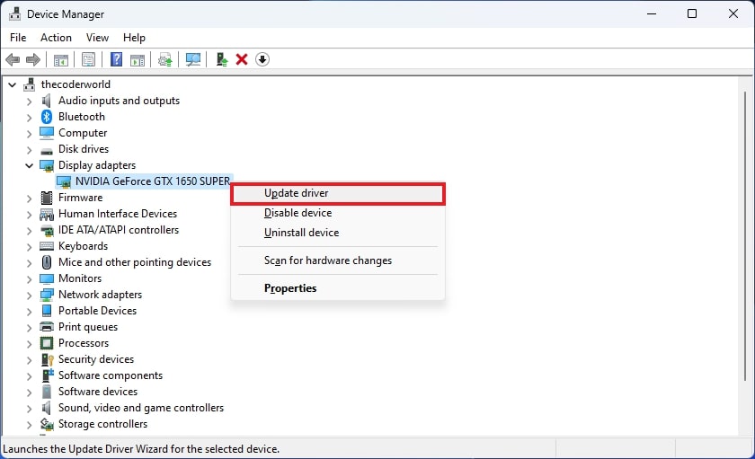 Снимок экрана, показывающий опцию «Обновить драйвер» в диспетчере устройств Windows.