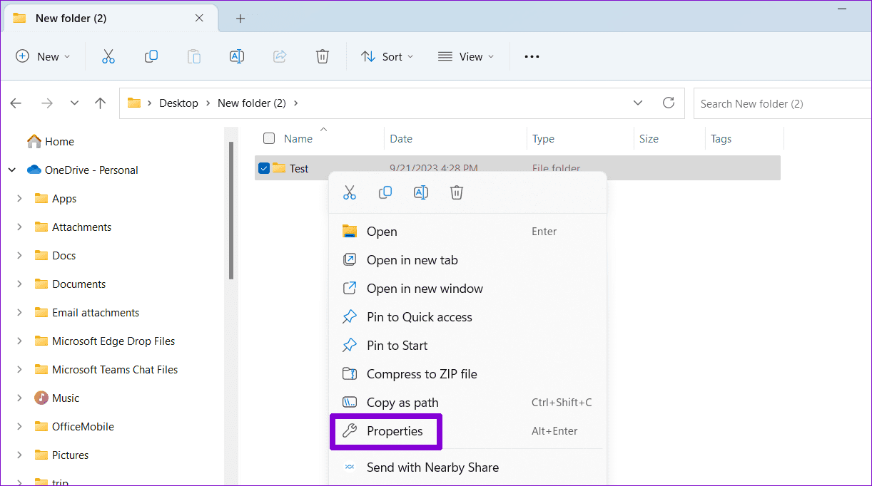 Откройте свойства папки в Windows 11