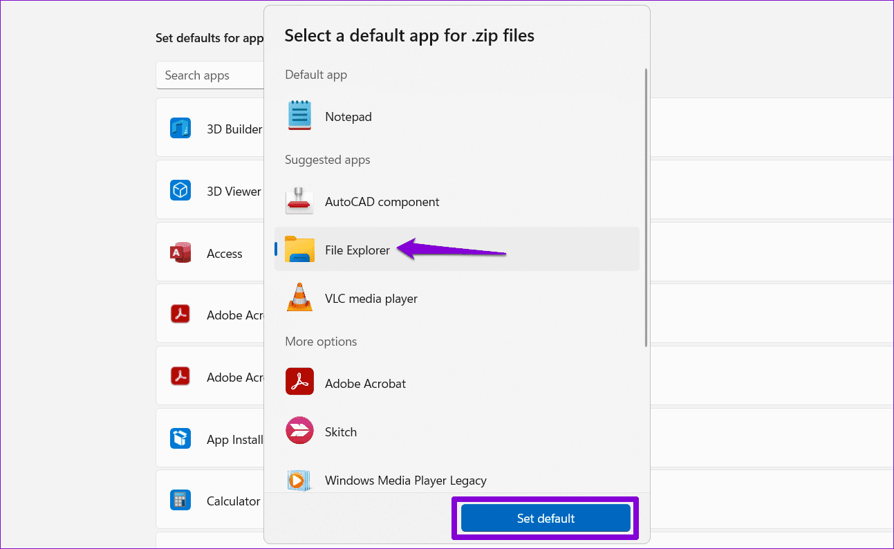 Установить приложение по умолчанию для ZIP-файлов в Windows 11