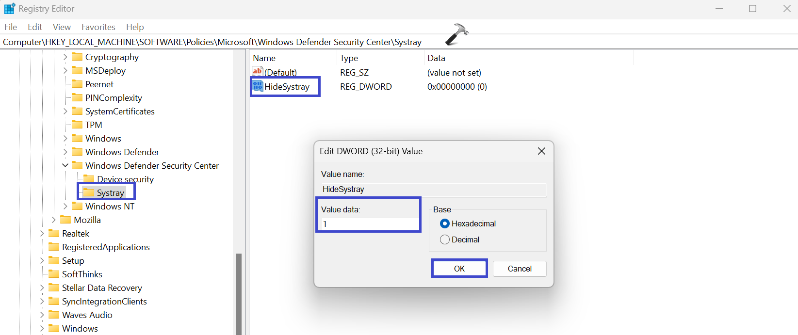 Добавить/удалить значок безопасности Windows в Windows 11 — редактор реестра