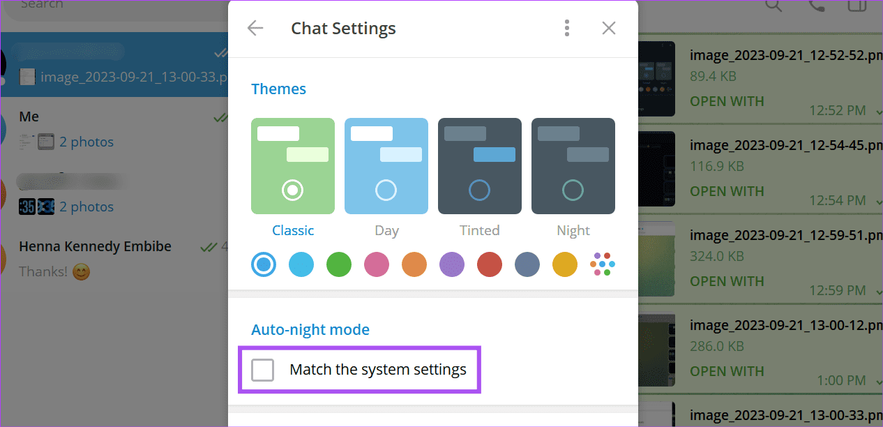 автоматический ночной режим Telegram Windows ПК