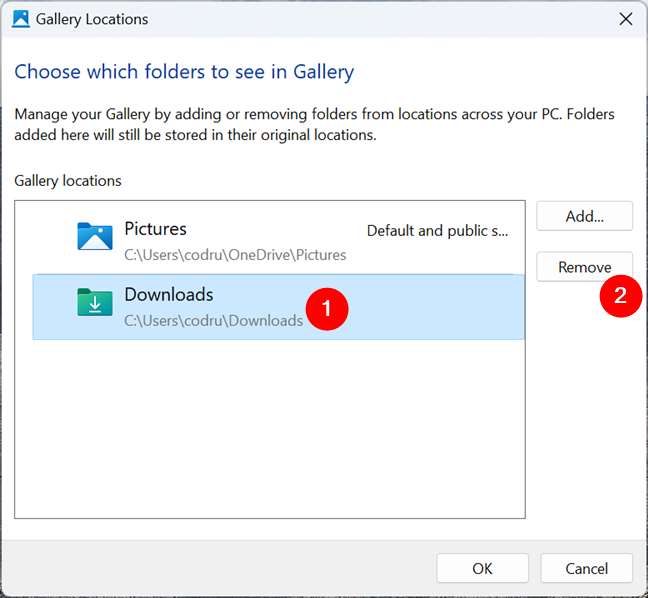 Удаление папки из галереи в Windows 11