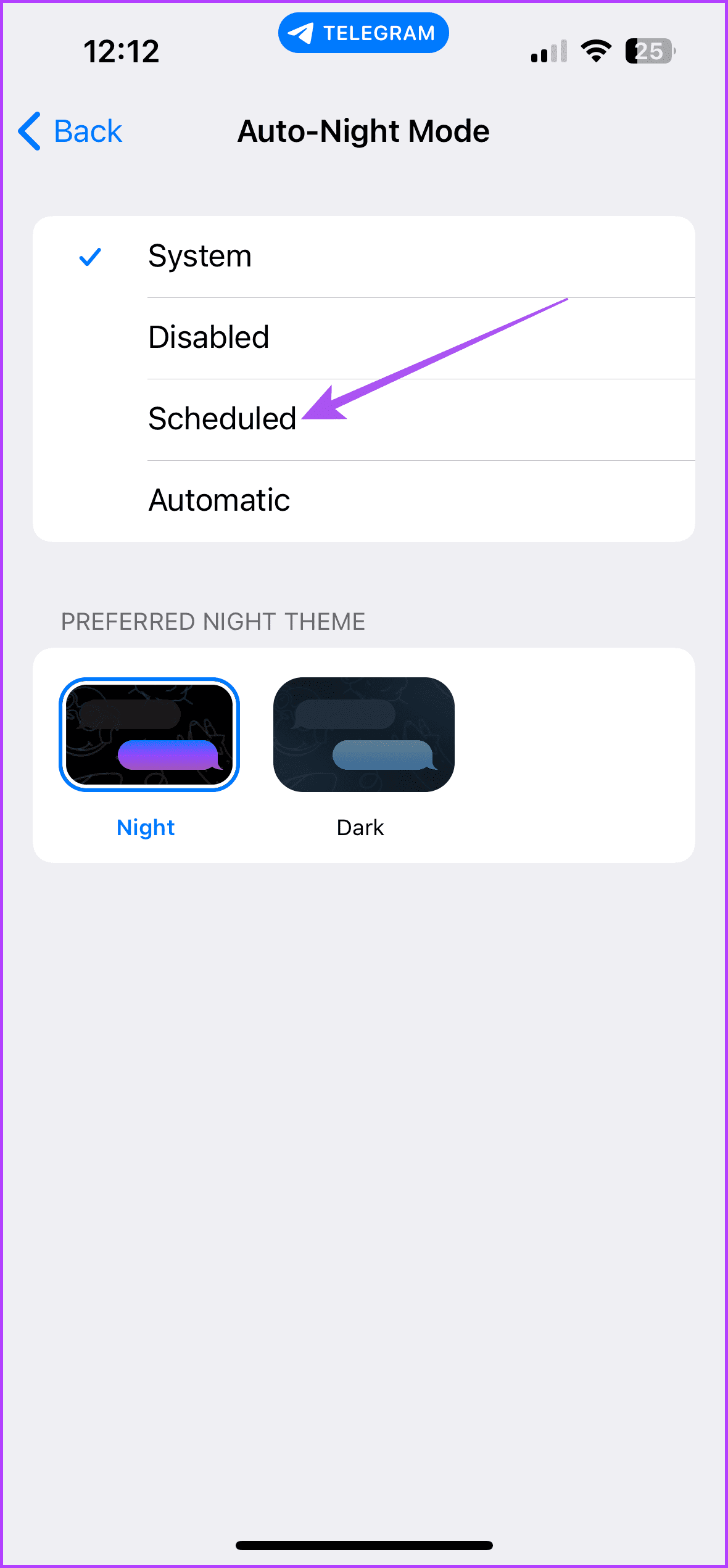 автоматический ночной режим по расписанию Telegram iPhone